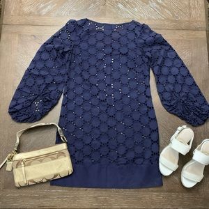 Laundry by Shelli Segal navy blue cotton lace  puffed sleeves mini dress Size 2